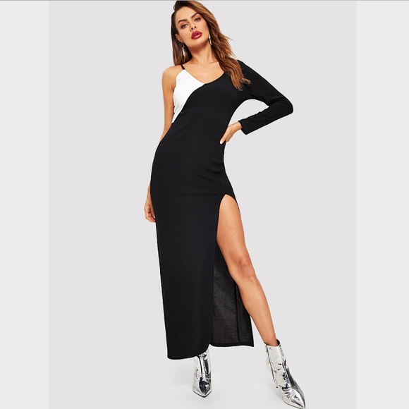 Rouge! Dresses & Skirts - Asymmetrical Neck Color Block High Slit Maxi Dress